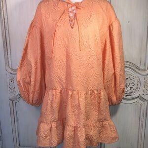 SHEIN X Orange Sherbet Embossed Very Full Puff Sleeve Lace Up Neckline S/S